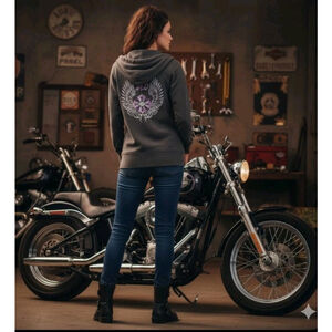 Harley Davidson Women's Grey Graphic Cross Full Zip Sweatshirt Hoodie Small